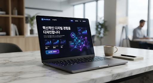 밝은 대리석 테이블 위 노트북에 표시된 다크 모드 스타트업 랜딩 페이지. 네온 블루·퍼플 데이터 시각화가 보인다.